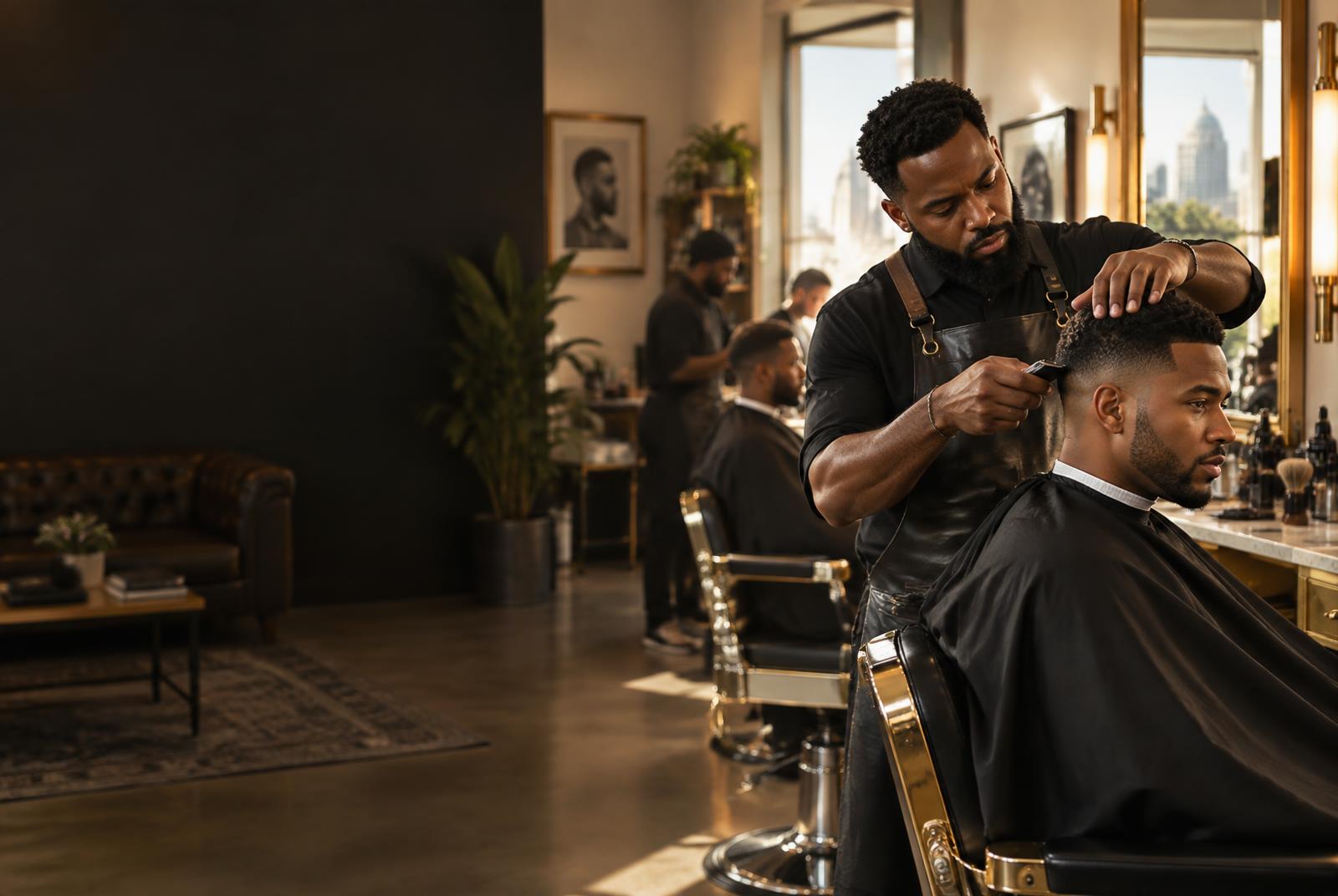 A barber carefully shaping a client's haircut